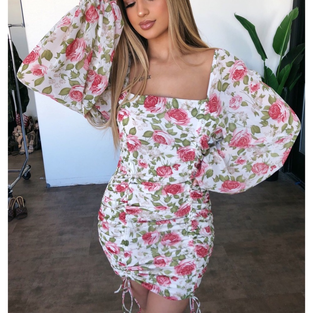 . OOTDFASH Cream/Colorful Floral Ruched Long Sleeve Bodycon Mini Dress - Picture 3 of 11